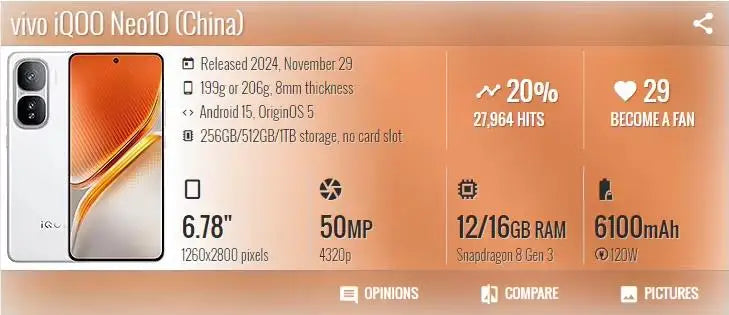 IQOO Neo 10 5G Smartphone 6100mAh 120W SuperVOOC 50MP IMX921  8 Gen 3 6.78\" AMOLED 144Hz Display Dual Sim NFC New