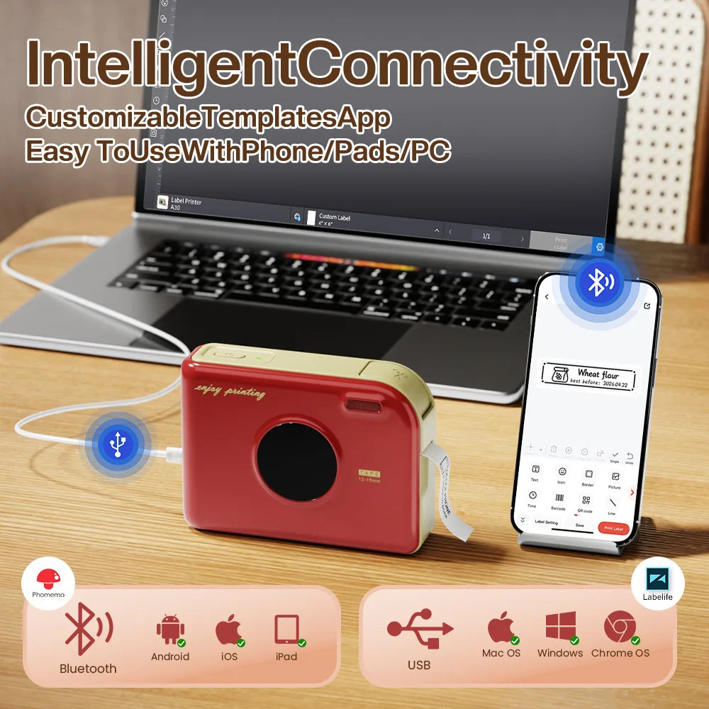 Phomemo A30 Label Printer Mini Printer Wireless Bluetooth Printer Portable Printer Ideal for Gift Tags and Photo Labels