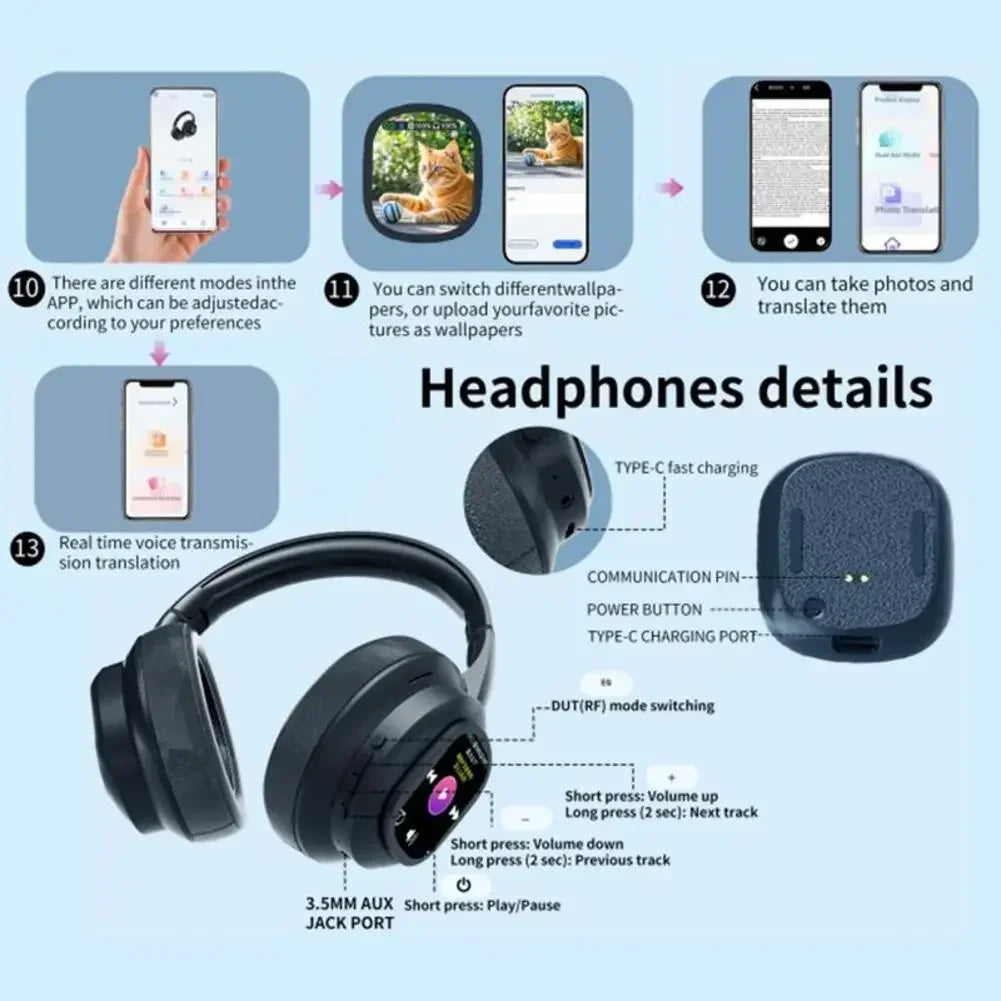 Wireless Headset Earphone With Touch Screen AI Translation 169 Languages 46-Hour Noise Cancelling Headphones Sports Earphone