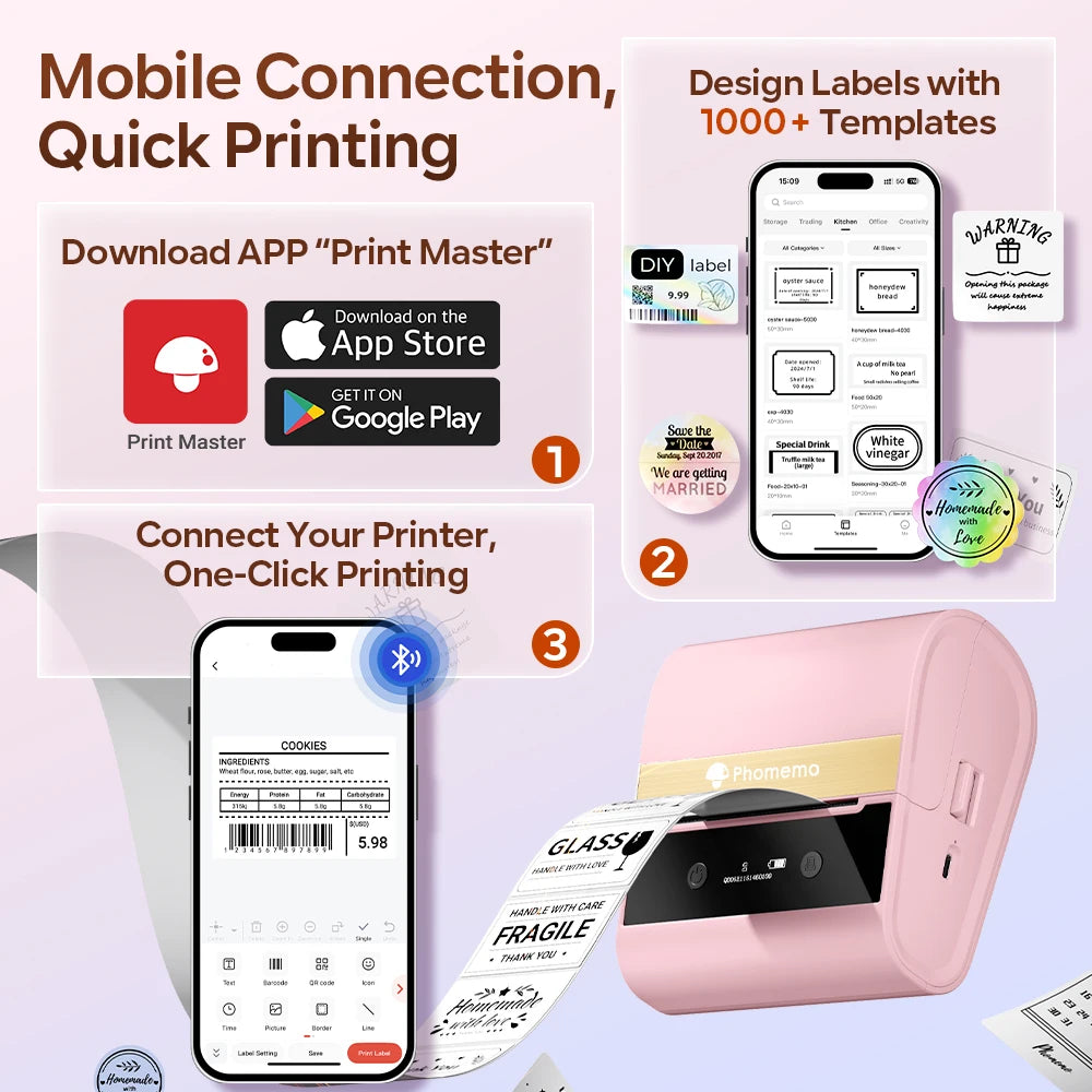 Phomemo Large Label Maker M260 20-80mm Portable Label Sticker Printer Bluetooth Inkless Thermal Printer for Business Home Office